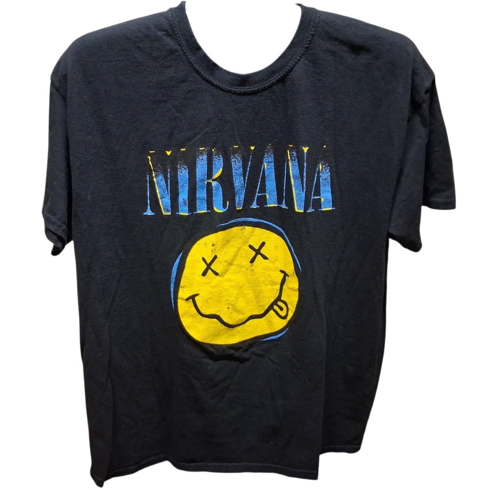 Nirvana Graphic T-Shirt Mens XL Black Excellent Smiley Face Logo Grunge Tee
